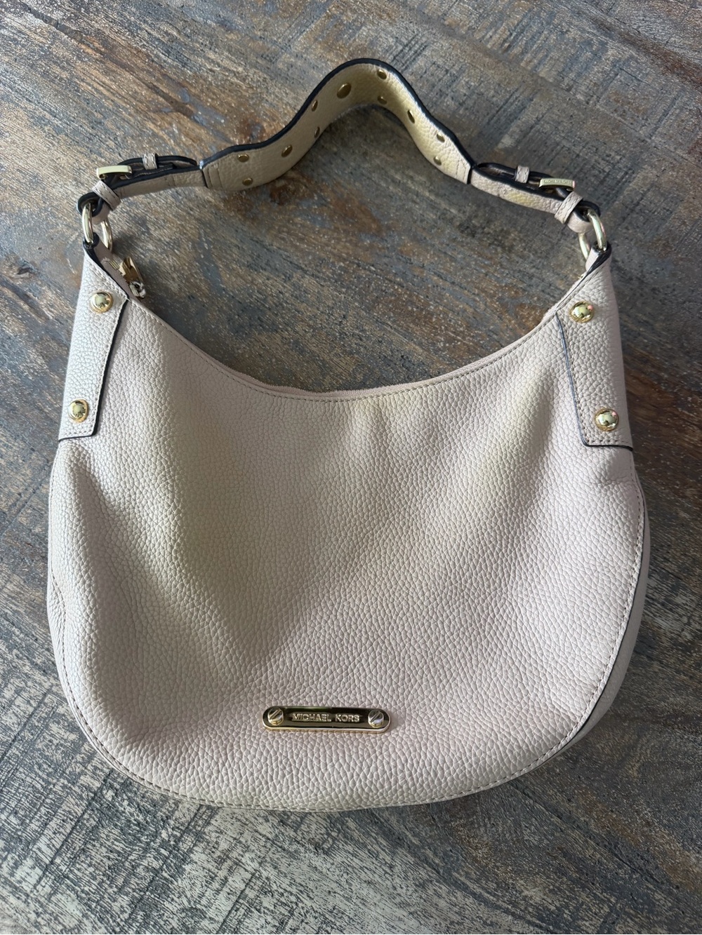 Michael Kors Cream Pebbled Leather Hobo Shoulder Bag with Gold-Tone Hardware